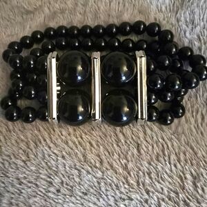 NWOT! Black Triple Stranded Beaded Stretch Bracelet with Silver Accents!